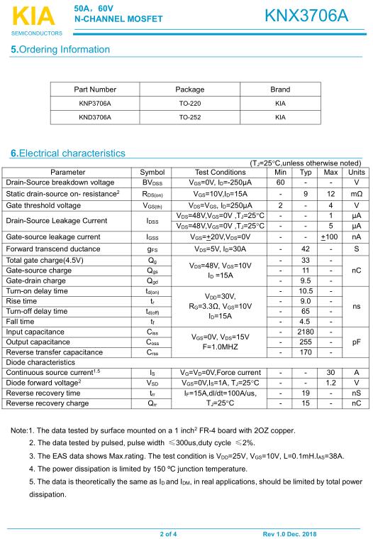 無(wú)刷電機(jī)MOS管,KNX3706A,50A/60V