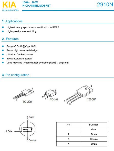 應(yīng)急電源 IRF4110替代MOS管型號(hào)KNB2910A 現(xiàn)貨原廠供應(yīng)-KIA MOS管